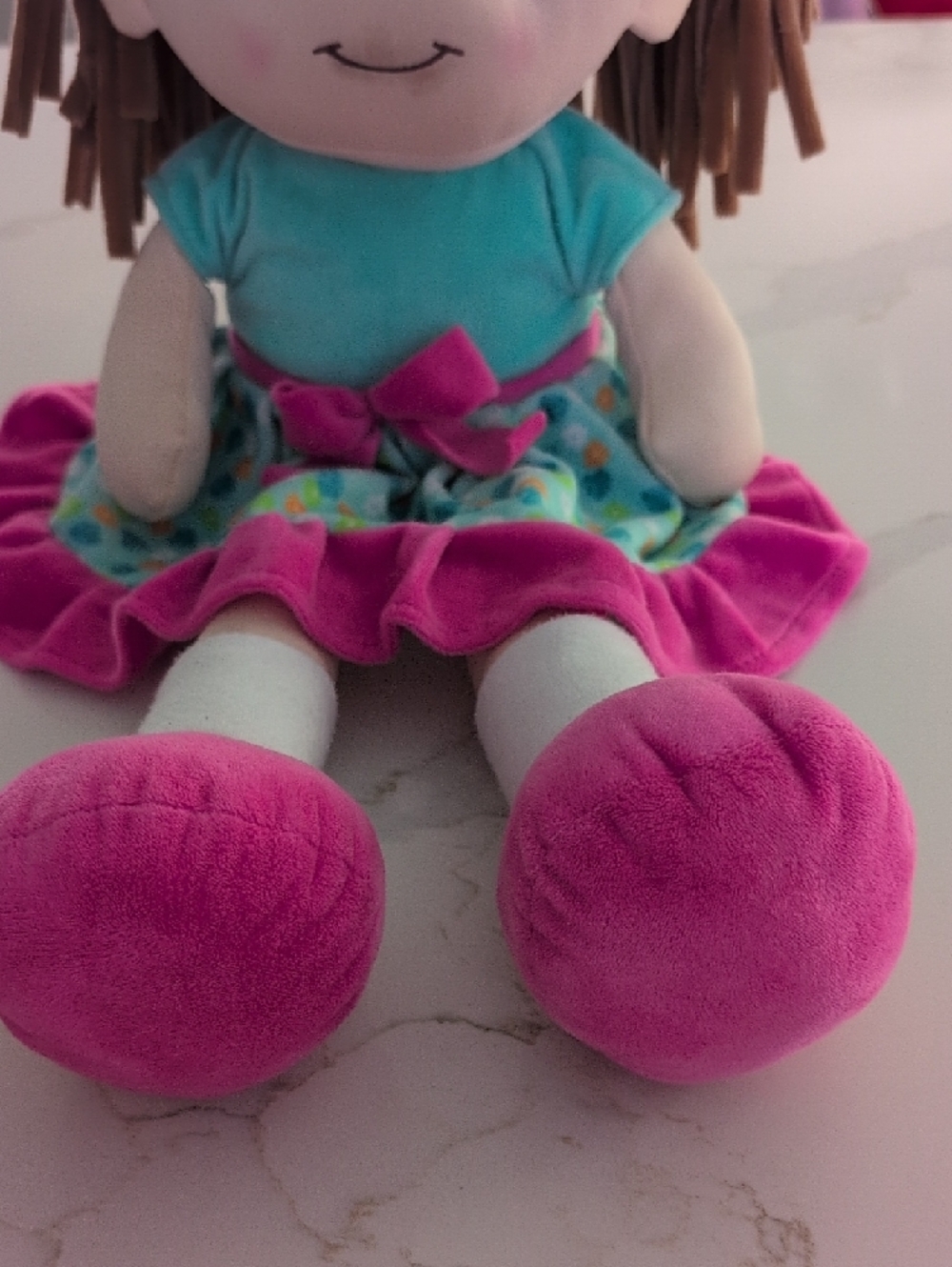Plush Girl Doll in Pink and Teal - Soft Cuddle Toy - Picture 3 of 8